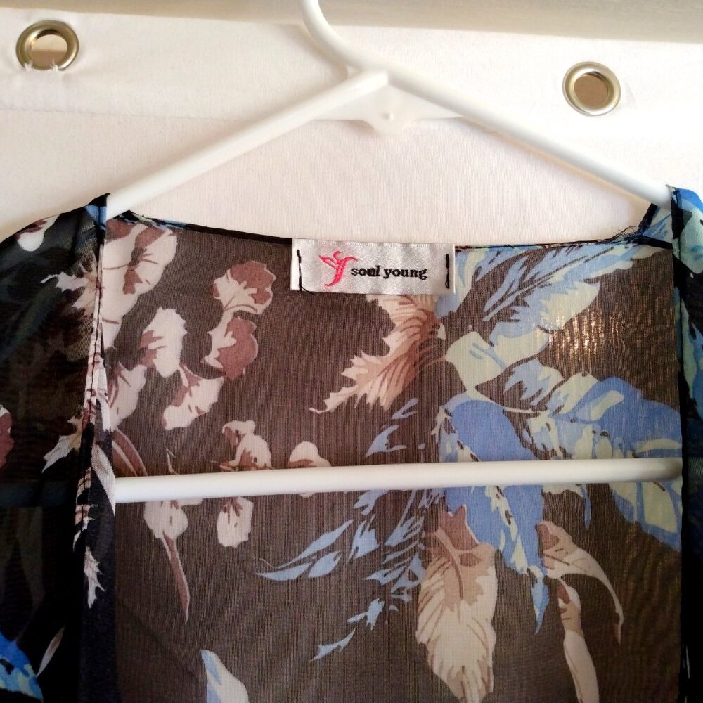 Soul Young Black Floral Sheer Kimono Duster Beach Cover-Up XL Boho Cottagecore - Picture 3 of 10